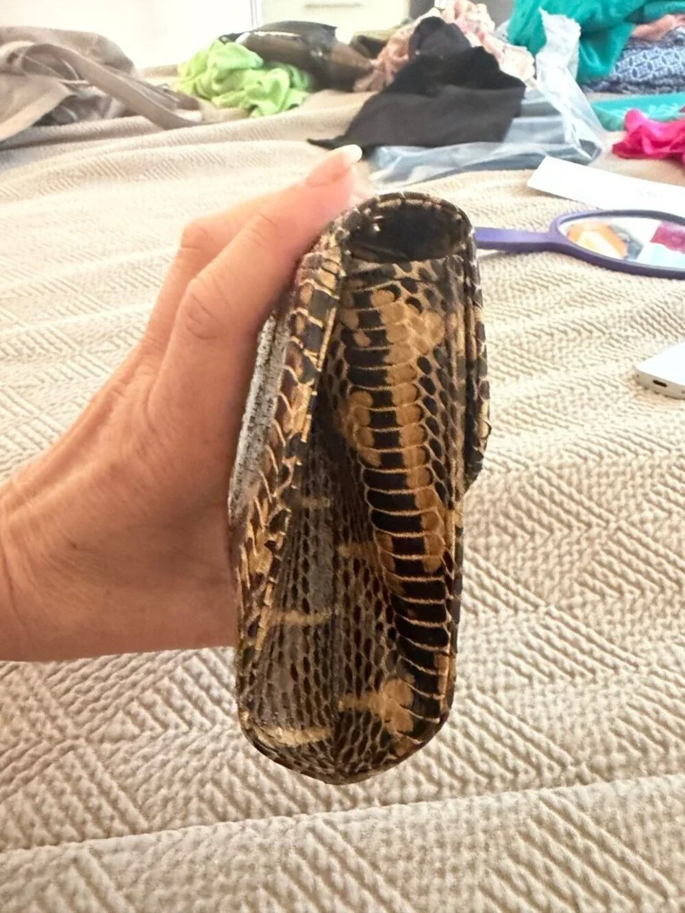 Vintage Snakeskin Flap Front Convertible Clutch Should Bag Lined Brown Tan